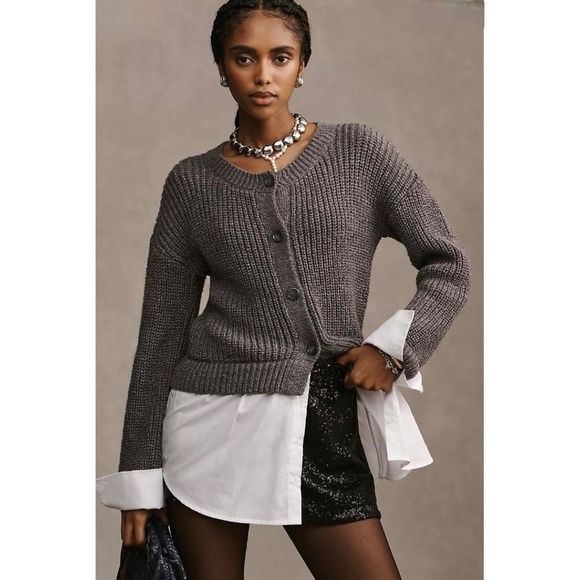 NWT!! ANTHROPOLOGIE Gray Cropped Twofer Cardigan Sweater Academia Preppy Small - Picture 1 of 16